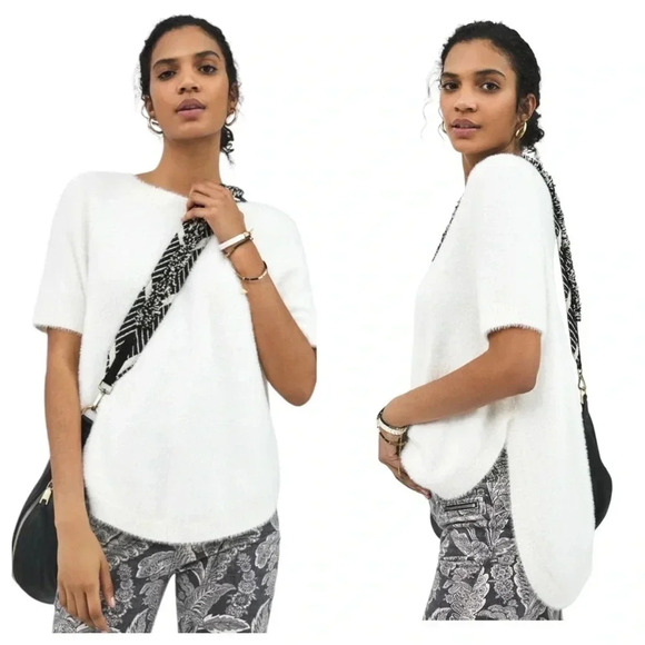 ANTHROPOLOGIE | Marianna Eyelash High Low Crew Neck Pullover in Ivory Size L - Picture 1 of 14